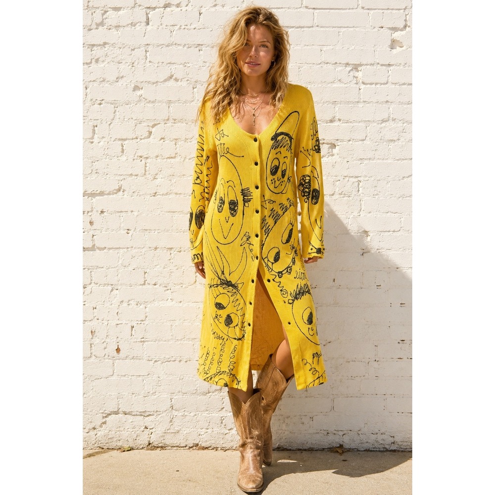 Vintage JJ Hobeau Yellow Knit Pop Art Hand Painted Maxi Duster Dress L